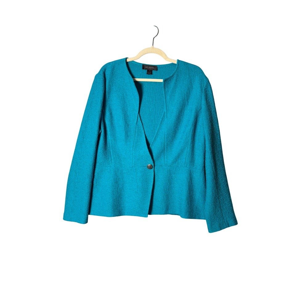 St. John Women Blazer 16 Turquoise Blue Wool Knit Single Button Luxury Classic